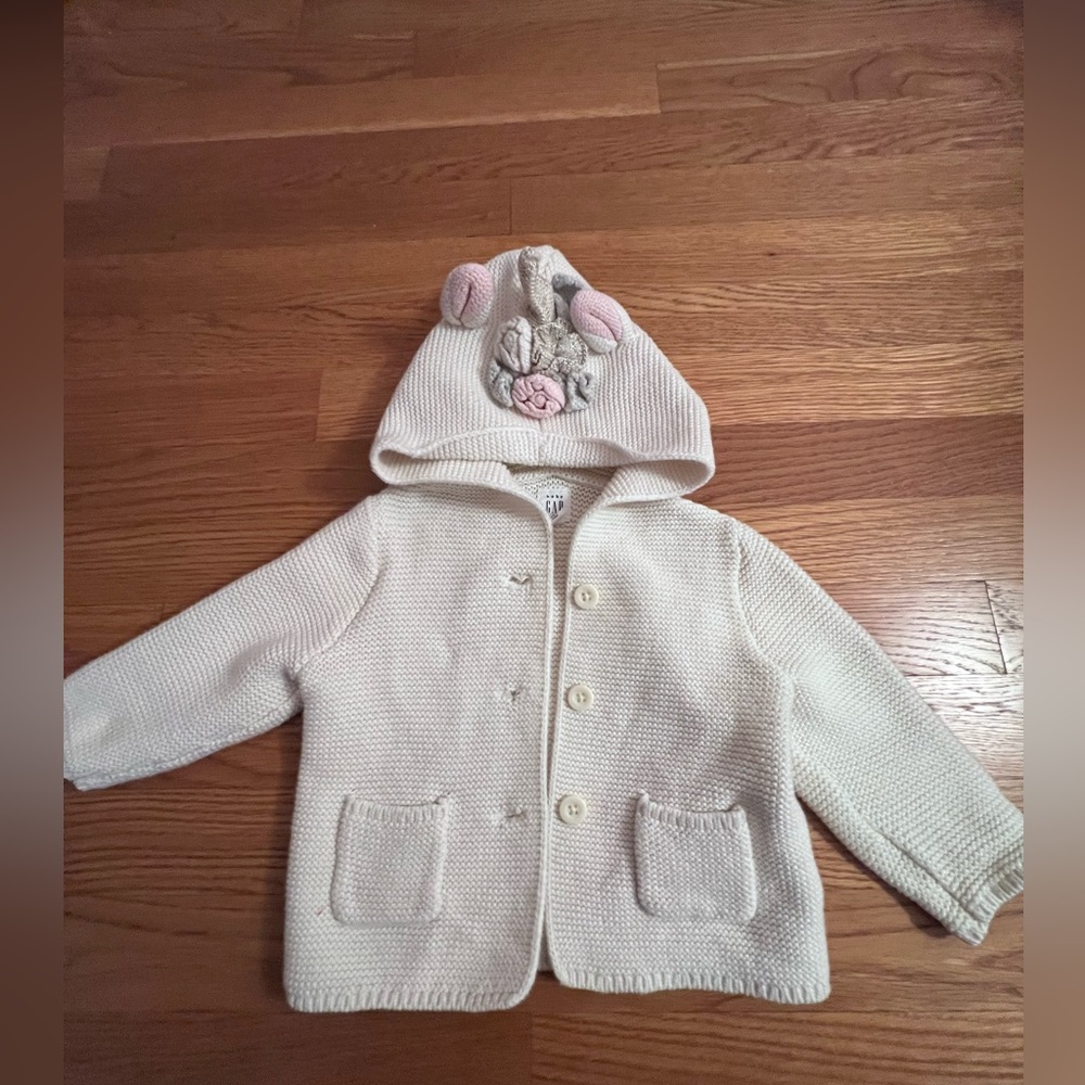 Baby Gap ivory waffle button down sweater with unicorn hood.